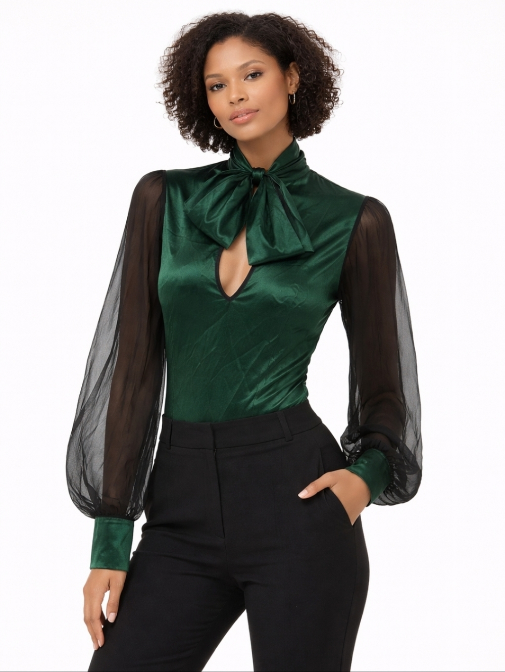 Modern Courtesen Rare Silk Bodysuit With Sheer Ballon Sleeves
